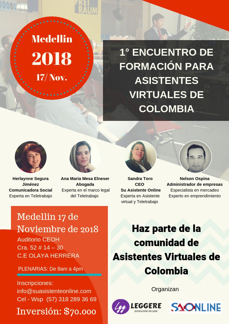 AsistentOnline's tweet image. ➡Gran evento en Medellín. Haz parte de #asistentesvirtuales de Colombia.
➡💯%presencial
➡Aprenderás #Teletrabajo, seguridad de la información y marco legal #Teletrabajo, emprendimiento y #asistentevirtual
➡Fecha: Noviembre 17/2018 
➡Preventa: $60.000 hasta el 19 de Octubre