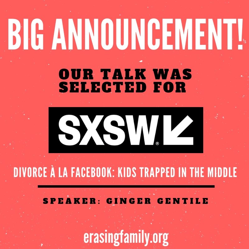 ErasingFamily's tweet image. Thrilled to announced our talk " Divorce à la Facebook: Kids Trapped in the Middle" was selected by @SXSW! Thanks to all of the votes of our supporters! Keep your fingers crossed we also get selected to screen our film! @MariaShriver @AWD_Directors @filmfatalesnyc @womeninfilmla