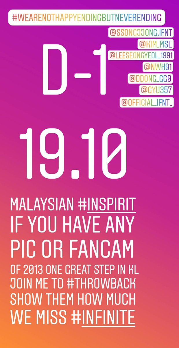 nitaliya's tweet photo. Anyeong Malaysian #INSPIRIT chingu, remember this date 19.10.2013? #INFINITE came to Malaysia for #One_Great_Step World Tour. This is their 2nd visit after GDA on Jan 2013. Just wanna ask you guys to join me #throwback those memories by sharing again any picture or fancam. https://t.co/2wUKmfEVaw