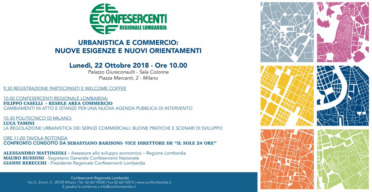 ConfesercentiLo's tweet photo. Lunedì 22 ottobre parliamo di #urbanistica e #commercio: cosa è cambiato? Quali sono le prospettive? Qual è il ruolo della #politica? 
Leggi il programma del convegno: https://t.co/GKIUA6QDRl
#confesercenti #Lombardia #economia https://t.co/ERmrGC6MU2