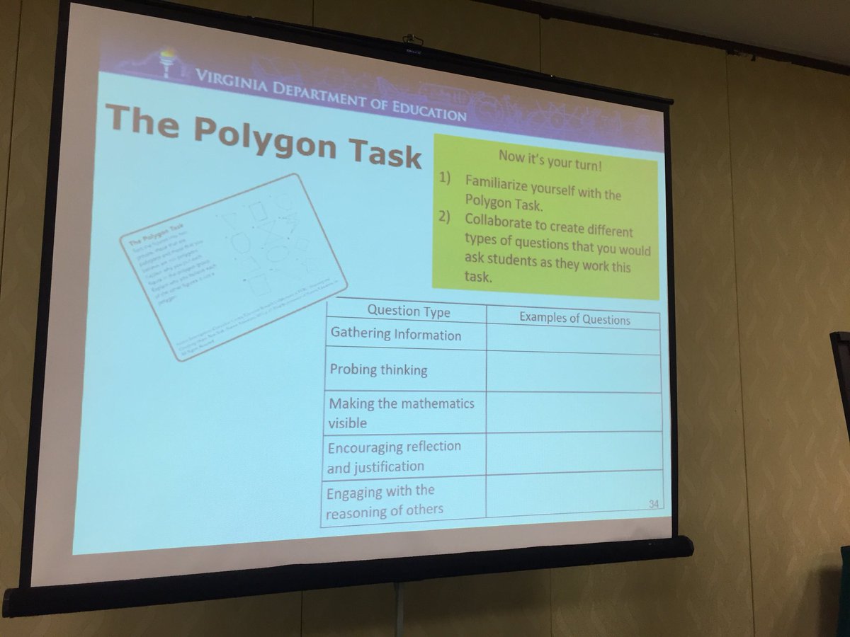 VDOE4STEM's tweet photo. Grade 3-5 mathematics teacher leaders creating questions to facilitate implementation of the polygon task. #VDOE2018MathInstitute #VAis4Learners https://t.co/UxzoHRNNRx