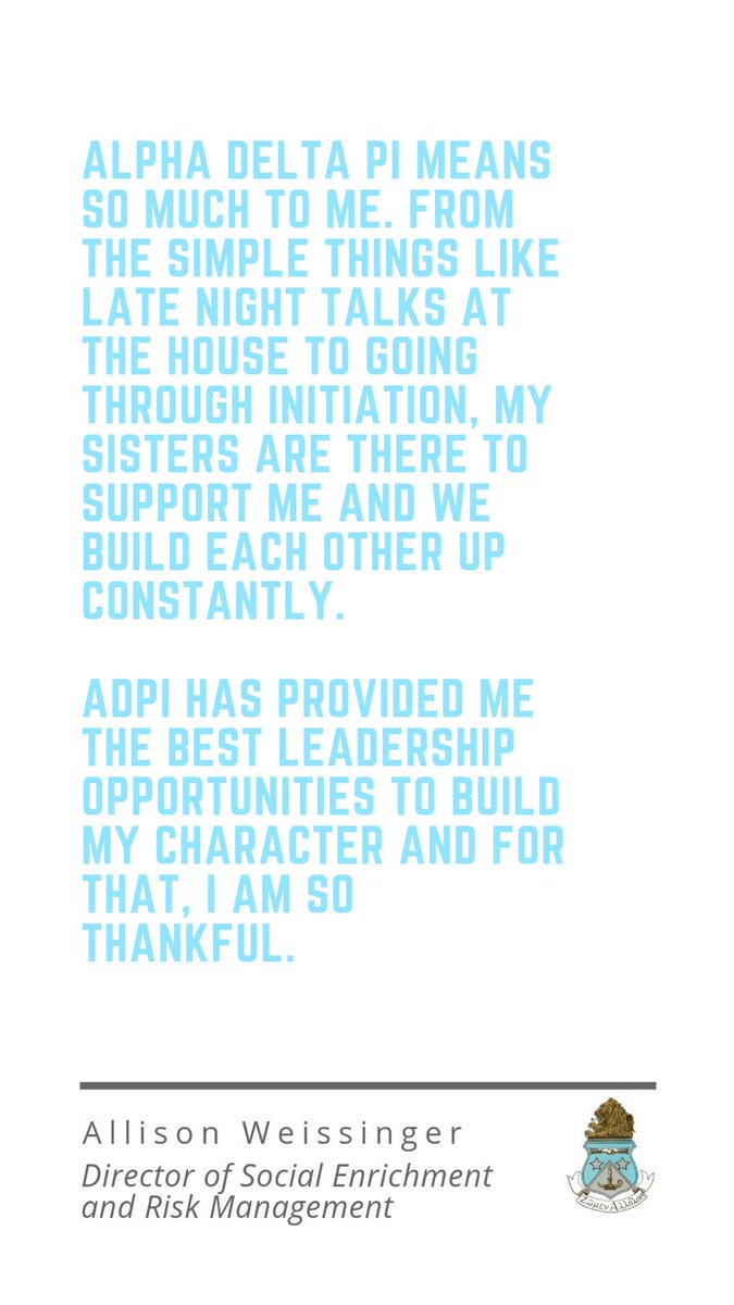 ADPiMSU's tweet photo. Recruitment and Marketing VP - Mary Meyer (Junior)
Director of Standard and Ethics - Samantha Headrick (Senior)
Director of Social Enrichment and Risk Management - Allison Weissinger (Junior)
Panhellenic Delegate - Mary Grace Payne (Junior) https://t.co/m2TmRIi3Kr