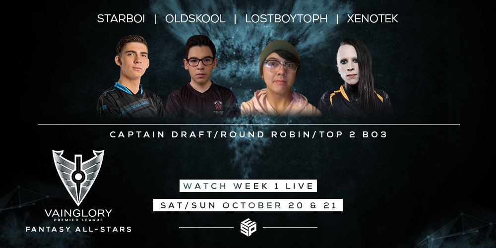 vaingloryesport's tweet photo. This weekend is the first #VPL Fantasy All-Stars, with captains @lanngggg (Starboi), @VG_Oldskool, @LostBoyToph, &amp; @XenoTekOfficial! They will be LIVE in Las Vegas, picking their teams and battling for $2,000! 🤑💰

Action begins 9 a.m. Pacific each day: https://t.co/WJ6r1x3JbO https://t.co/PuCxYibTxK