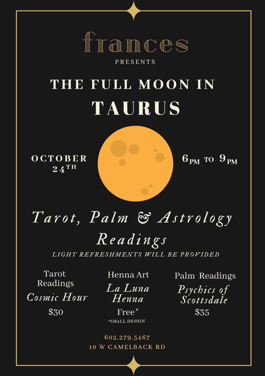 Things are about to get magical 💫 Join us on October 24th from 6pm to 9pm for a night of tarot, palm &amp; astrology readings at Frances! 

To book your reading call the store at (602) 279-5467, spots are going fast!