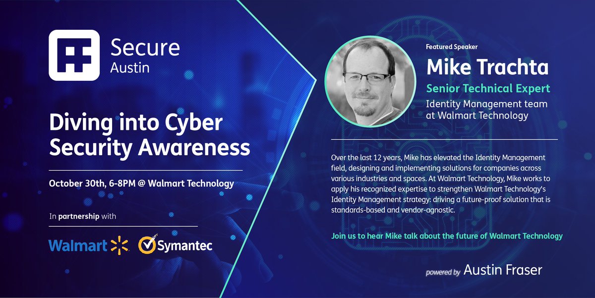 SPEAKER ANNOUNCEMENT: Hear all about how <a href="/WalmartTech/">Walmart Global Tech</a>'s very own <a href="/miketrachta/">Mike Trachta</a> is driving #strategy at the Secure | Austin meetup on 10/30! Do you have your ticket yet? RSVP HERE! >> eventbrite.co.uk/e/secure-austi… #SecureAustin #CyberSecurityAwarenessMonth
