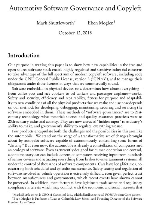 sflc's tweet image. 🧵THREAD: #SoftwareGovernance in #Cars [1/16]🧵

Eben Moglen and Mark Shuttleworth coauthored a new paper!

TITLE: &quot;Automotive Software Governance and Copyleft&quot;

We&apos;ve posted the highlights of the paper in this thread. Follow along!

Full PDF of the paper: softwarefreedom.org/resources/2018…