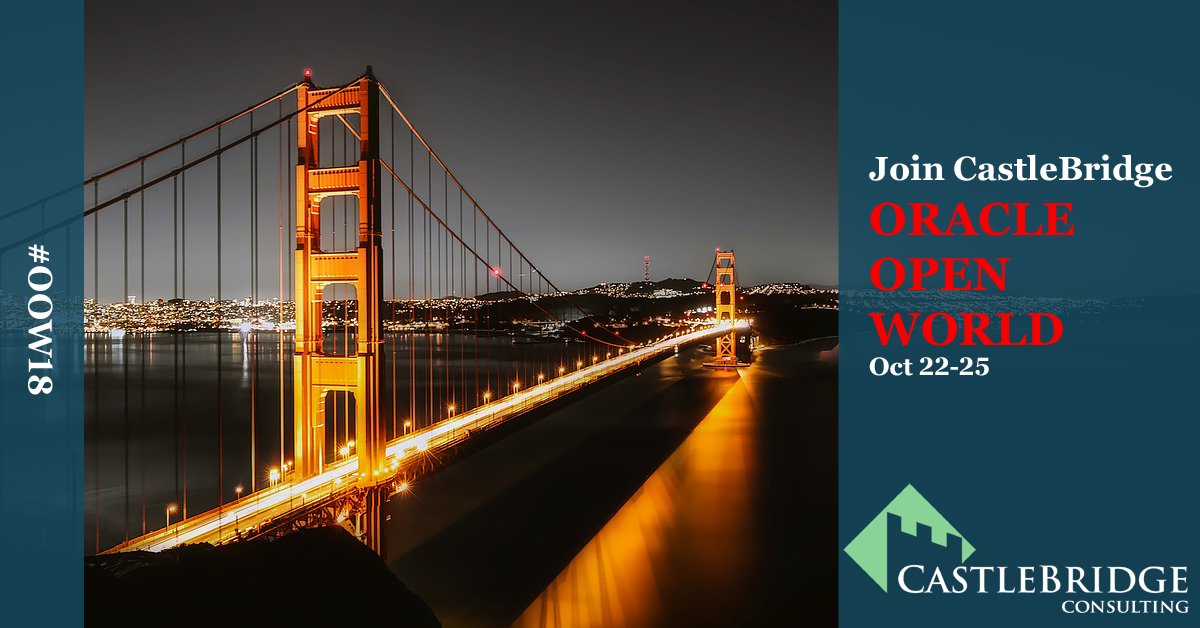 CastleBridgeCom's tweet photo. Do you have Oracle HCM Cloud questions?  How about a second opinion on a challenge you are facing?  Schedule a one-on-one meeting with CastleBridge Consulting at Oracle Open World. #OOW18 #OpenWorld #CastleBridgeConsulting #HCMCloud #OracleHCM https://t.co/QI2to67g1i