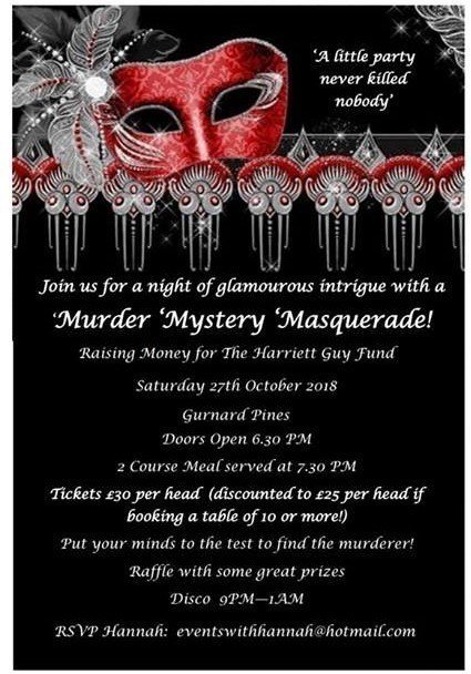 There are still tickets left for this great night of murder mystery at the Masquerade ball raising money for the Harriet Guy Fund. Don't delay get booked up today  #murdermystery #thriller #4charity