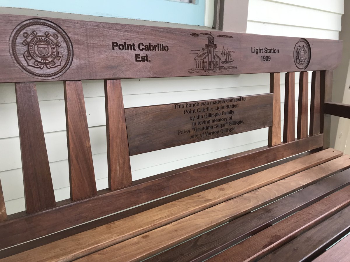 One of our favorite benches. 
Vernon Gillespie and his family regularly return to Point Cabrillo, where he was stationed as a Lightkeeper for a time here in Mendocino. This bench sits on the South Side of our First Assistant Lightkeepers Home, where the Gillespie family lived.