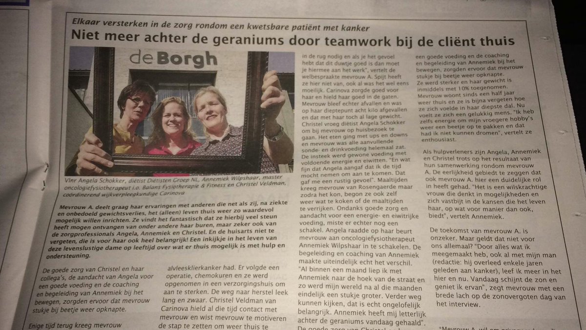 DietistAngela's tweet photo. Samenwerking in de zorg gezien door de ogen van de cliënt. Deze week in de Dalfser Courant! #dietist #verpleegkundige #fysiotherapeut https://t.co/RRFfdruZc4