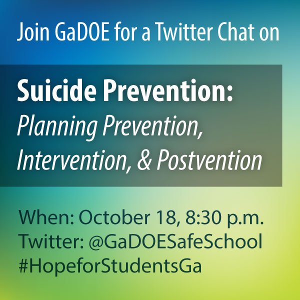 GaDOEWholeChild's tweet photo. In one hour, we'll kick off the first Twitter chat of the year @GaDOESafeSchool! Join us and RT to spread the word. #HopeforStudentsGA #SafeSchools https://t.co/UV7qF2XnRd