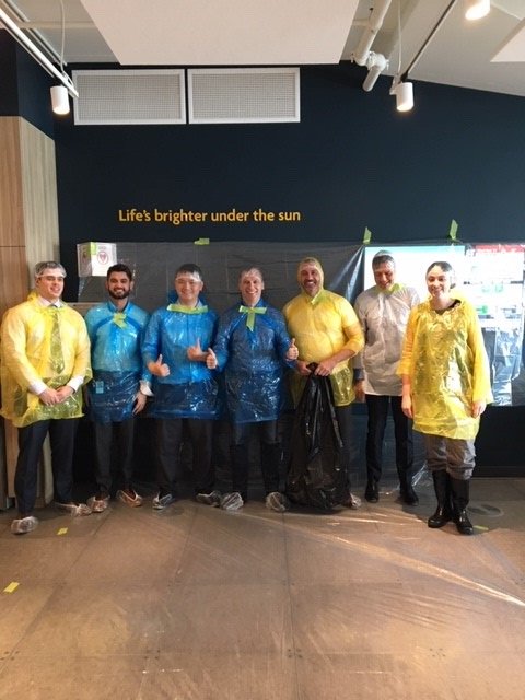 RickHeadrick's tweet photo. Pie in the sky? How about pie in the face - all in good fun to raise money for the United Way. Here’s a before and after shot. Remember that Sun Life matches all employee donations up to $500 #SunLifeCommUNITY https://t.co/cRHwAz8bfy