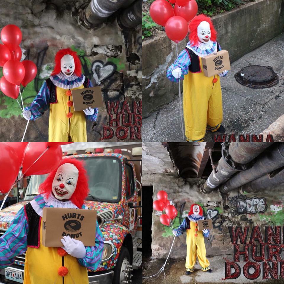 wildkeycreative's tweet photo. Thank you #hurtsdonuts, but no, we'll pick up our own donuts. #scaryclowns #donuts #halloween https://t.co/apYq6nMf3G https://t.co/11hmCyx9Tt