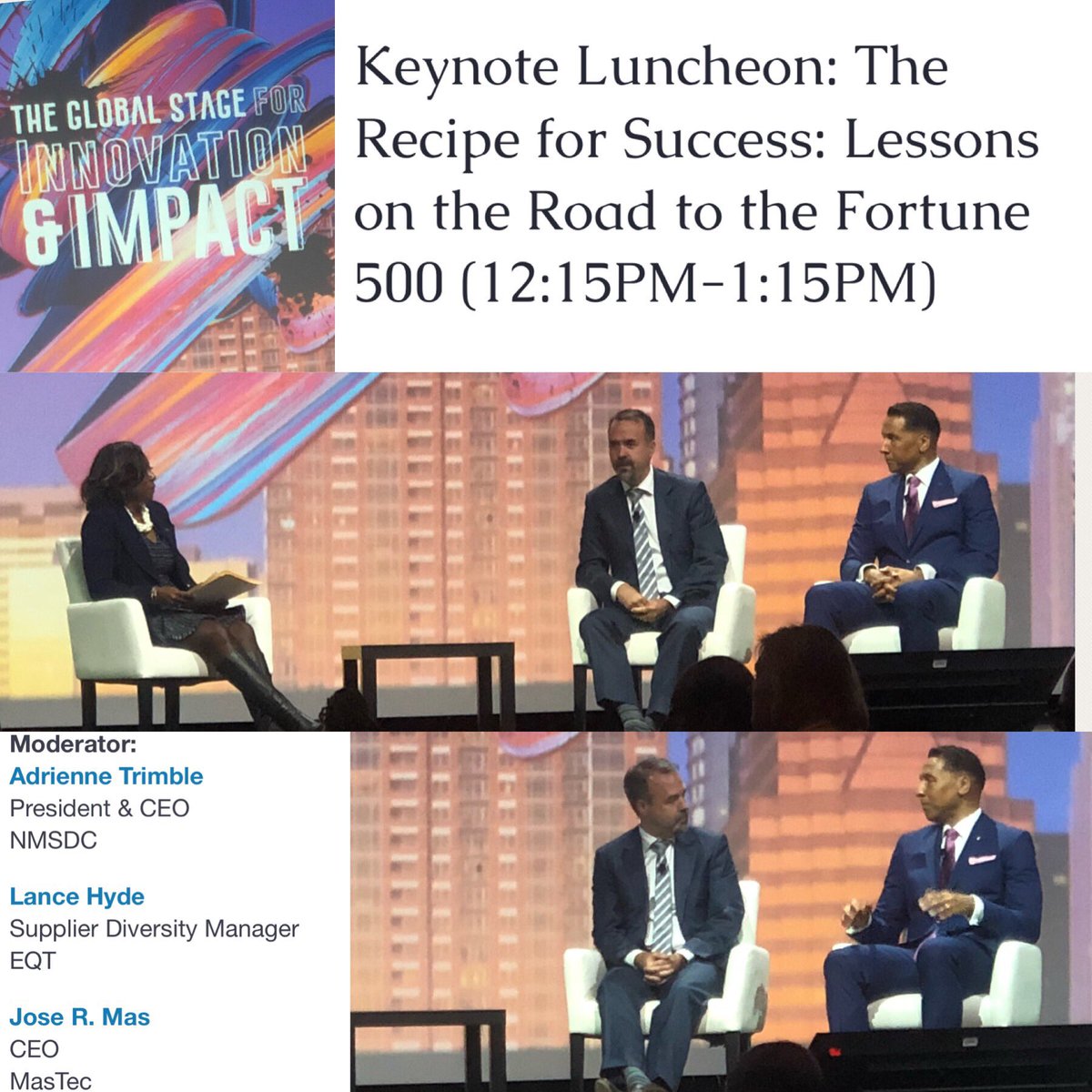 MBNUSA's tweet photo. The first #MBE Fortune 500 CEO of @MasTec joins #EQT #lancehyde and @NMSDCHQ @Aceytrimble in a powerful panel about the road to success! #WisdomWednesday #NMSCConference https://t.co/FXG5hCeXQQ