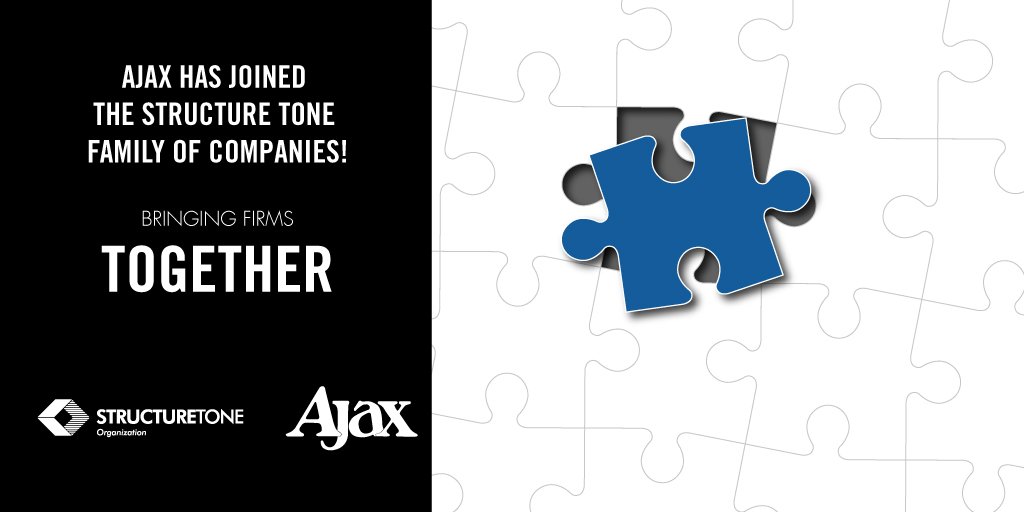 StructureTone's tweet photo. We have some big news: Ajax Building Corp. is now part of the Structure Tone organization! Welcome to the family, @AjaxBuilding! Read more here https://t.co/MFya34o5jA  #construction #bringingfirmstogether https://t.co/4TFTEYWsvA