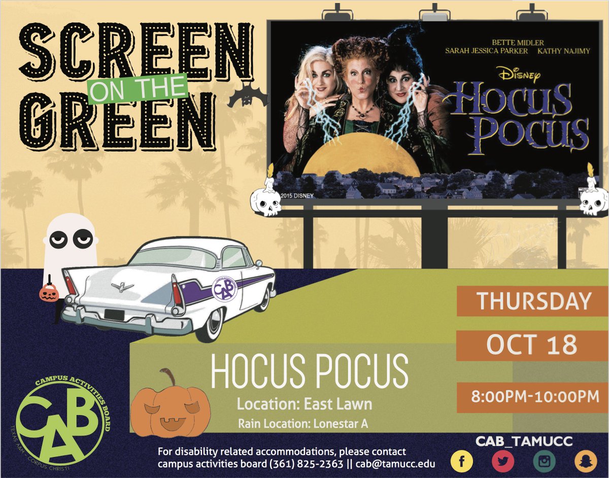 DON'T FORGET! CAB will be showing Hocus Pocus in Lonestar A in just one hour! #tamucc @cab_tamucc
