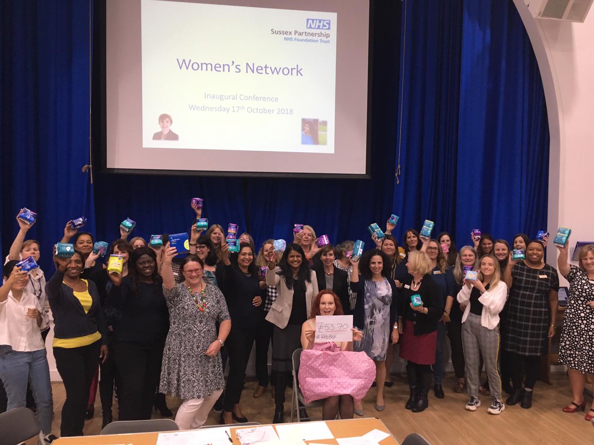 SPFTwomen's tweet photo. Just some of today's conference attendees @withoutstigma #SPFTWomen conference. Big bag of sanitary wear and a heap of cash heading its way to reduce #periodpoverty for girls in Sussex schools @DrMutleyMoss @RedBoxProject Thanks to all who donated! https://t.co/cuCwpWuuux