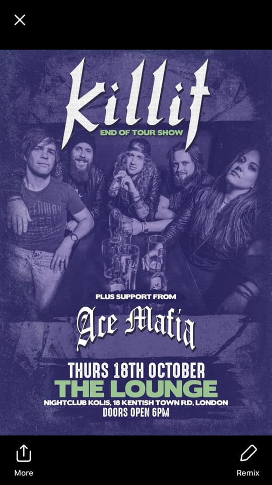 TOMORROW night (Thursday) we are back home and playing with our brothers <a href="/AceMafiaBand/">Ace Mafia</a> <a href="/thelounge666/">Thelounge666</a> Kentish Town Road, Camden. Doors 7:00 pm £5 OTD before 8pm, £8 after. Ace Mafia 8:45 pm, KilliT 9:45pm. Open till late #CamdenRocks