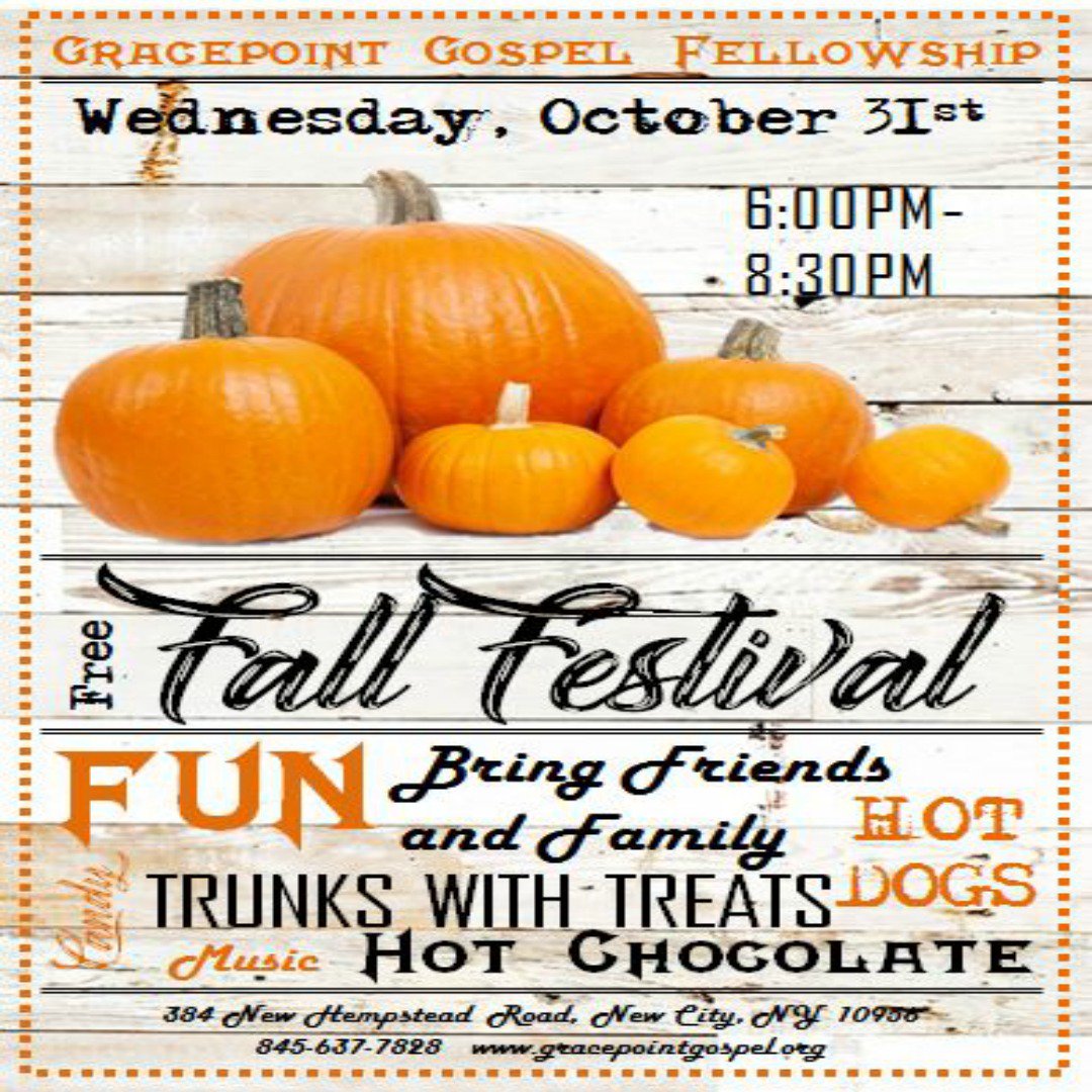 GracepointGF's tweet photo. Join us on Wednesday, October 31st beginning at 6PM for our Fall Festival!

We are also still in need of volunteers to help, if interested, contact Pastor Stephanie at 845-634-7828. https://t.co/76aSu4Kn3c