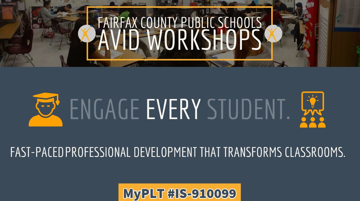 FCPS_CSP's tweet photo. FCPS teachers and administrators: Want to attend transformative AVID workshops? Check these out: 90-min AVID Professional Learning Workshops running November through March, both after school and on a couple Saturdays! https://t.co/R7Ib7DPtwe https://t.co/gV7KswKGHv