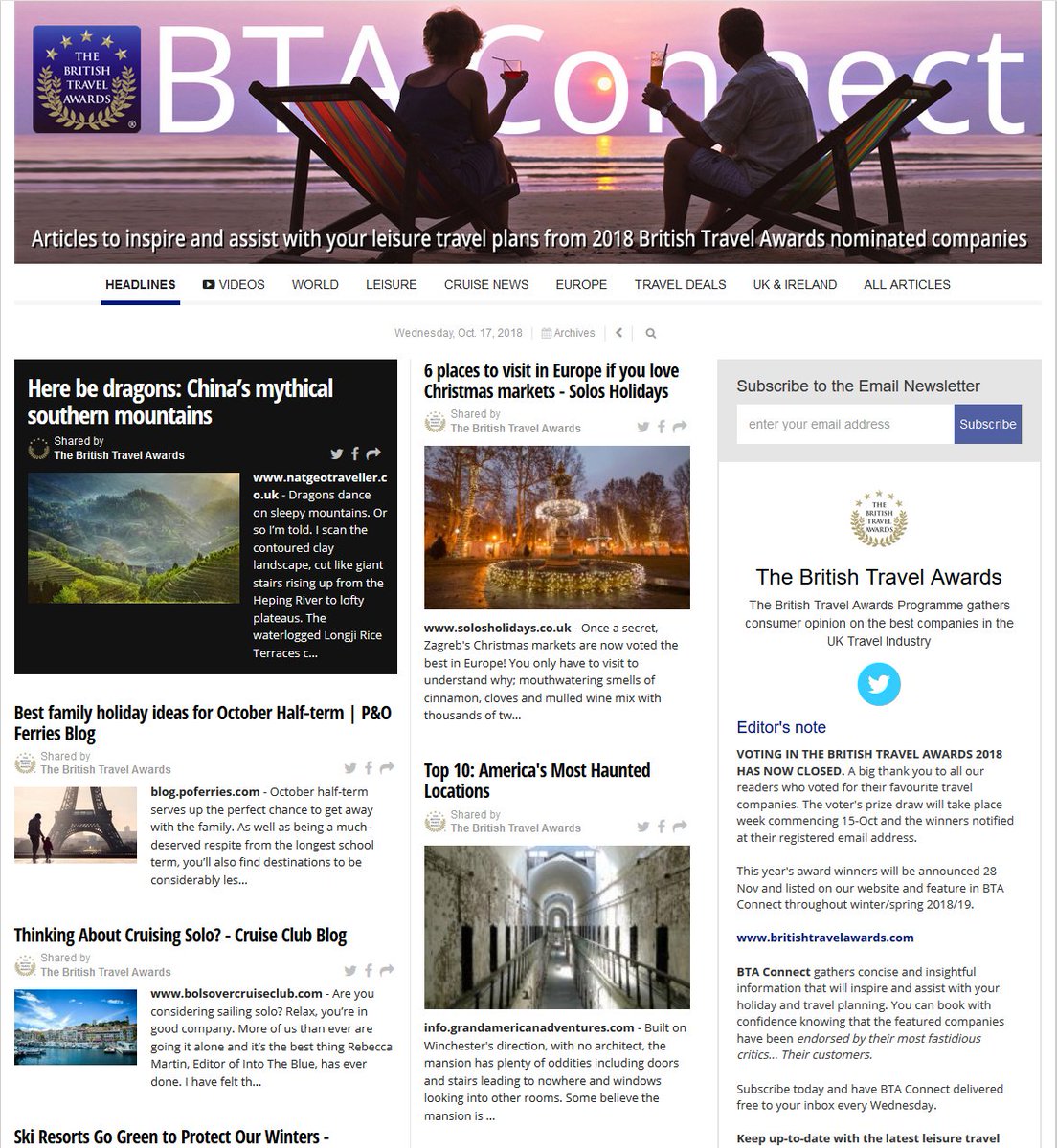 BritTravAwrds's tweet photo. #BTAconnect 17-Oct https://t.co/OVMKn4TANn latest #cruise #travel #selfcatering #uktravel #holidayideas #traveldeals #travelnews articles and video content from #voteBTA18 nominees. https://t.co/YMhQO5KsLz
