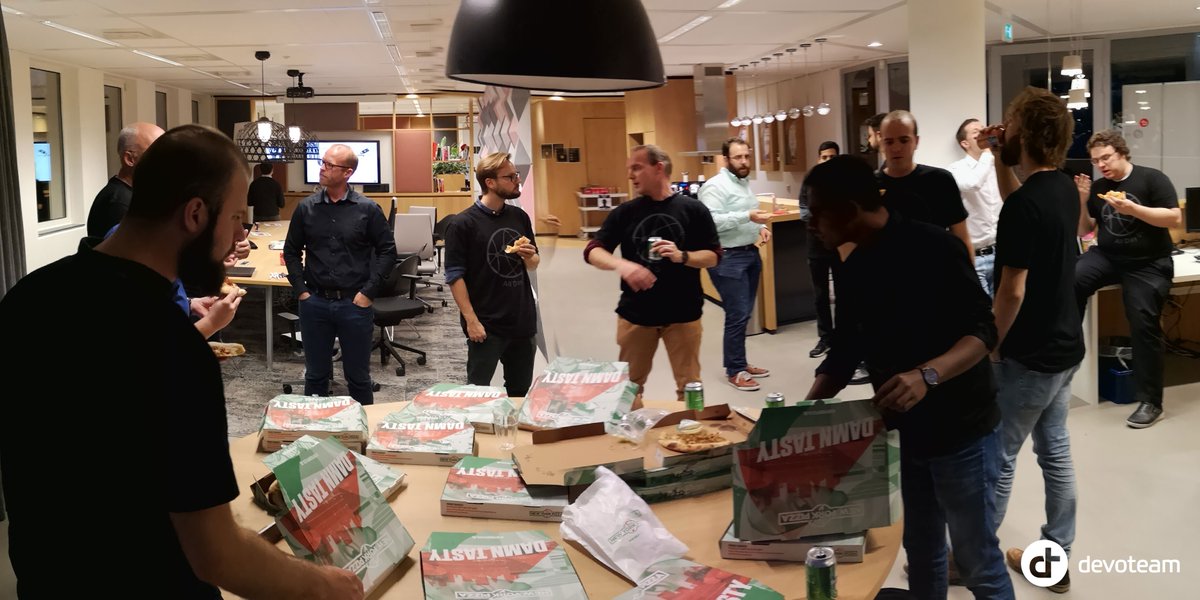 DevoteamNL's tweet photo. Pizza time! While the speakers have lunch, we have pizza dinner! @AllDayDevOps #alldaydevops #alldaydevops2018 #it #pizza #pizzasession #devoteam #amsterdam https://t.co/MXDeWcDMqO