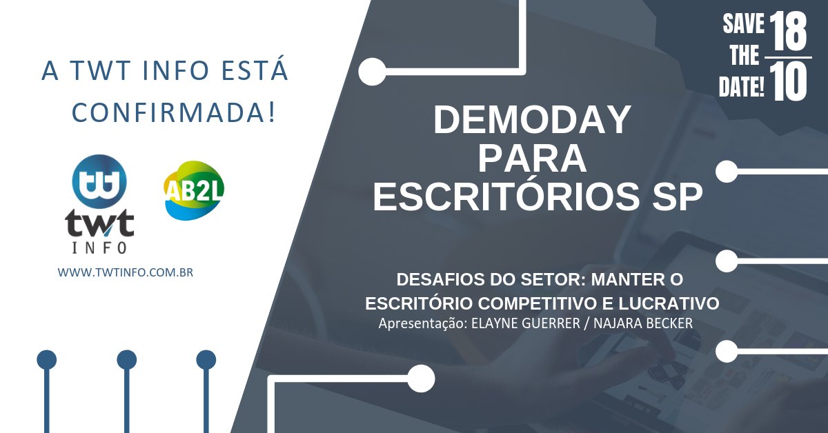 twtsoftware's tweet image. Salve na agenda! Dia 18/10, estaremos no Demoday para Escritórios em SP.

Essa é a oportunidade para seu escritório se conectar à realidade 4.0 e abordaremos o tema: DESAFIOS DO SETOR: MANTER O ESCRITÓRIO COMPETITIVO E LUCRATIVO

#TWTInfo #ADVWIN #demoday #eventojuridico