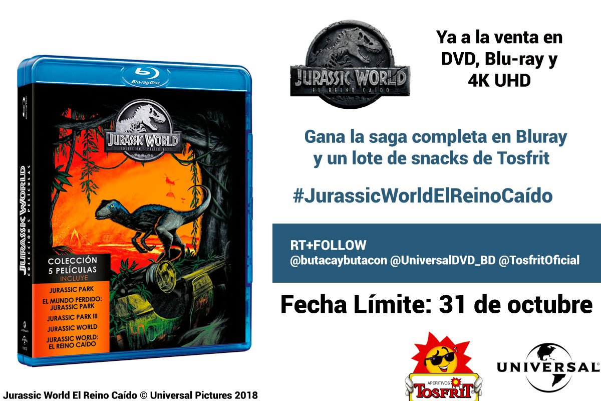 butacaybutacon's tweet photo. 🦖SORTEO JURÁSICO🦖
Consigue toda la saga en Blu-ray de 'Jurassic World' y 'Parque Jurásico' además de un lote de snacks de Tosfrit.
1. RT +FOLLOW @butacaybutacon @UniversalDVD_BD y @TosfritOficial
2. FECHA LÍMITE: 31 DE OCTUBRE.
#JurassicWorldElReinoCaido
#Sorteo #SorteoRT https://t.co/gGS450Xnph