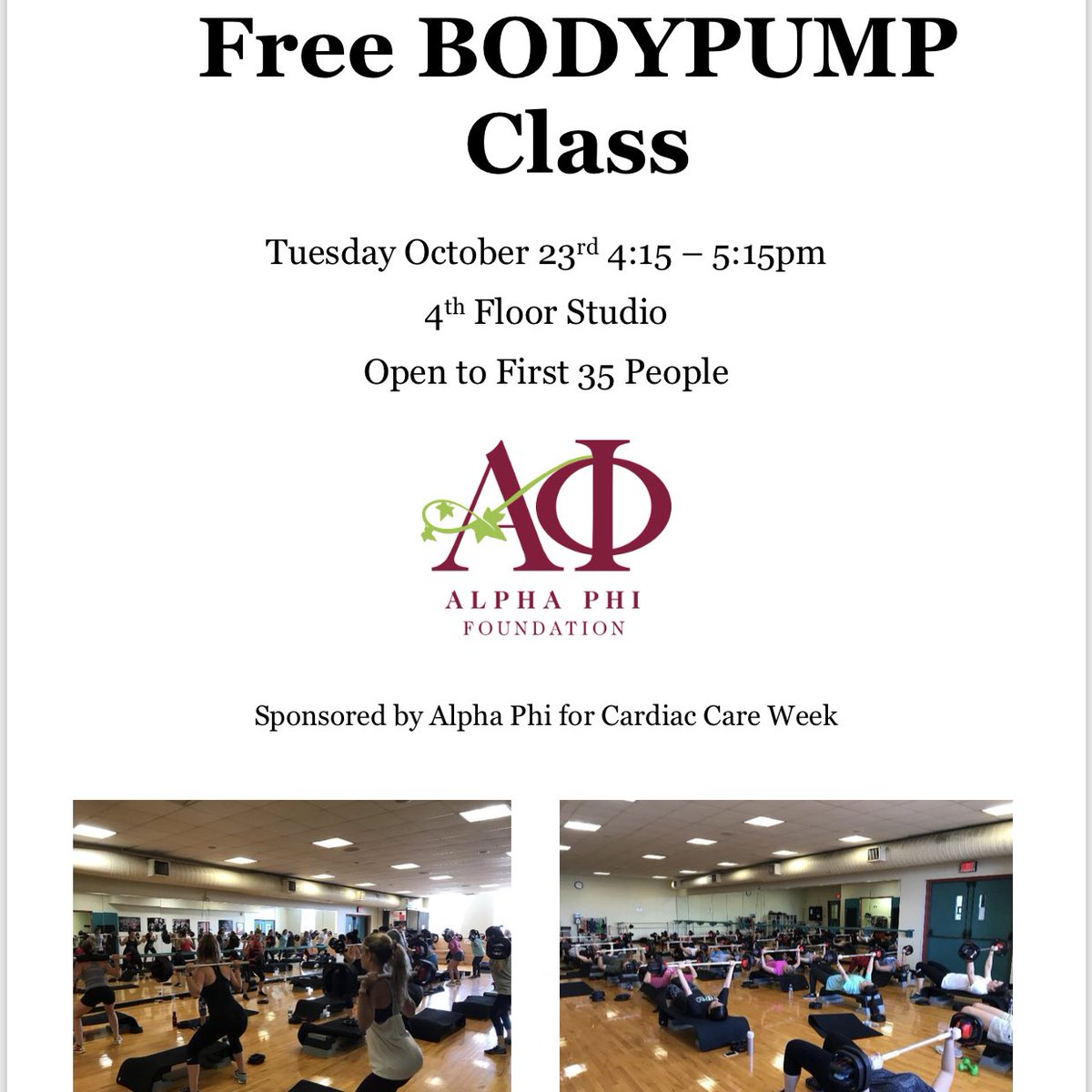 Save the Date!!!
Free BODYPUMP class on Tuesday October 23rd, 4:15 - 5:15pm sponsored by Alpha Phi for Cardiac Care week!!
Open to the first 35 people👍🏼