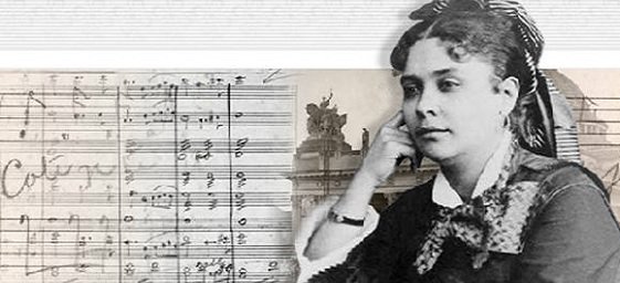 The image shows music scores and a picture of a young Chiquinha Gonzaga in black and white.
