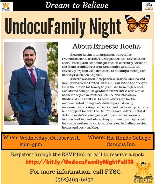 #Education, #resourcefair, and #support for undocumented students and their families. 
6-9p.m.
In the Rio Hondo College Campus Inn

Free parking in student lots
For more information call the First Year Success Center 
562-463-6650

#undocumentedstudentsactionweek #CCCforDACA