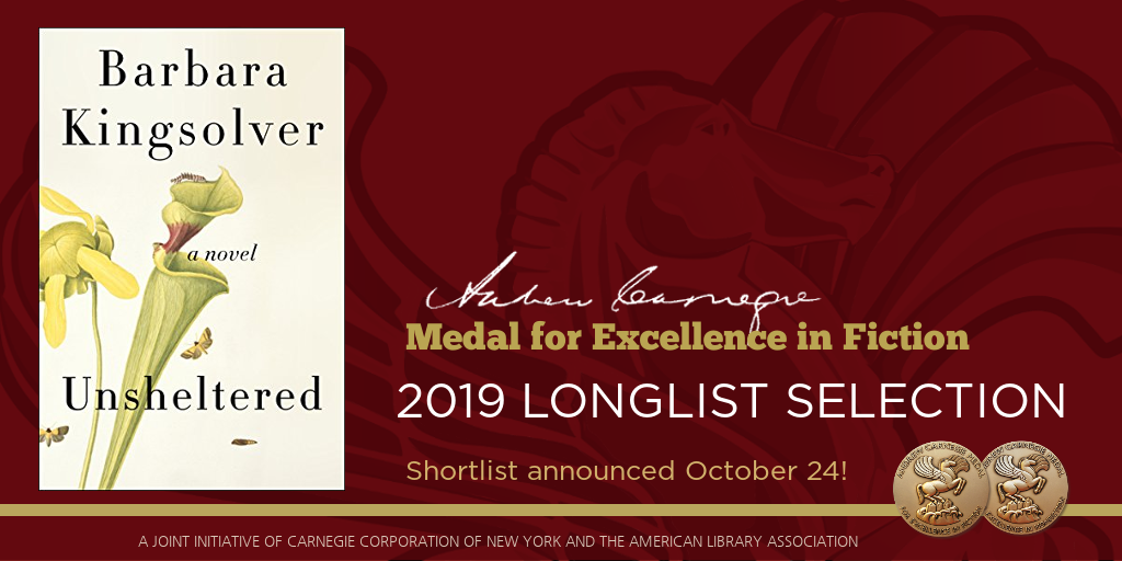 ALALibrary's tweet image. Congratulations to #BarbaraKingsolver and @harperbooks.
#Unsheltered is on the 2019 #ALA_Carnegie Medals for Excellence #Fiction Longlist! bit.ly/alacarnegie-lo…