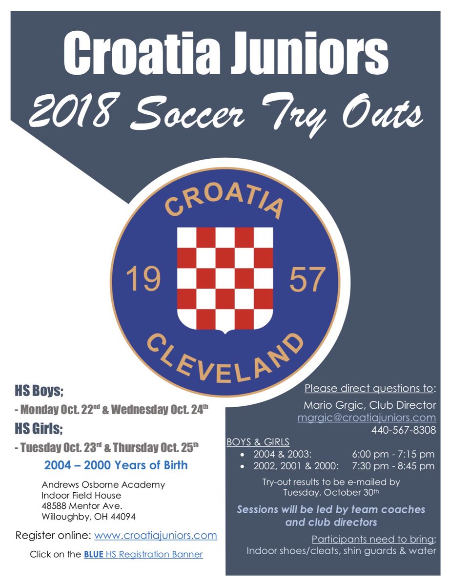 croatiajuniors's tweet photo. Did U register yet!? Oct. 22nd-25th we R holding tryouts 4 HS aged players.  Go 2 R website 2 register! Please feel free 2 share! #clevelandsoccer #WickliffeSoccer #WilloughbySoccer #MentorSoccer #PainesvilleSoccer #EastlakeSoccer #WillowickSoccer #kirtlandsoccer #mayfieldsoccer https://t.co/HiXv1KgBNT