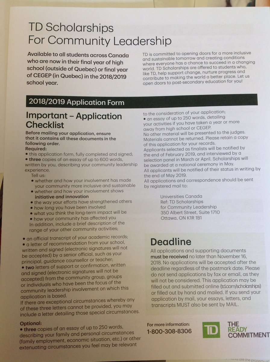 TD Scholarship applications for Community Leadership are due Nov 16, 2018.