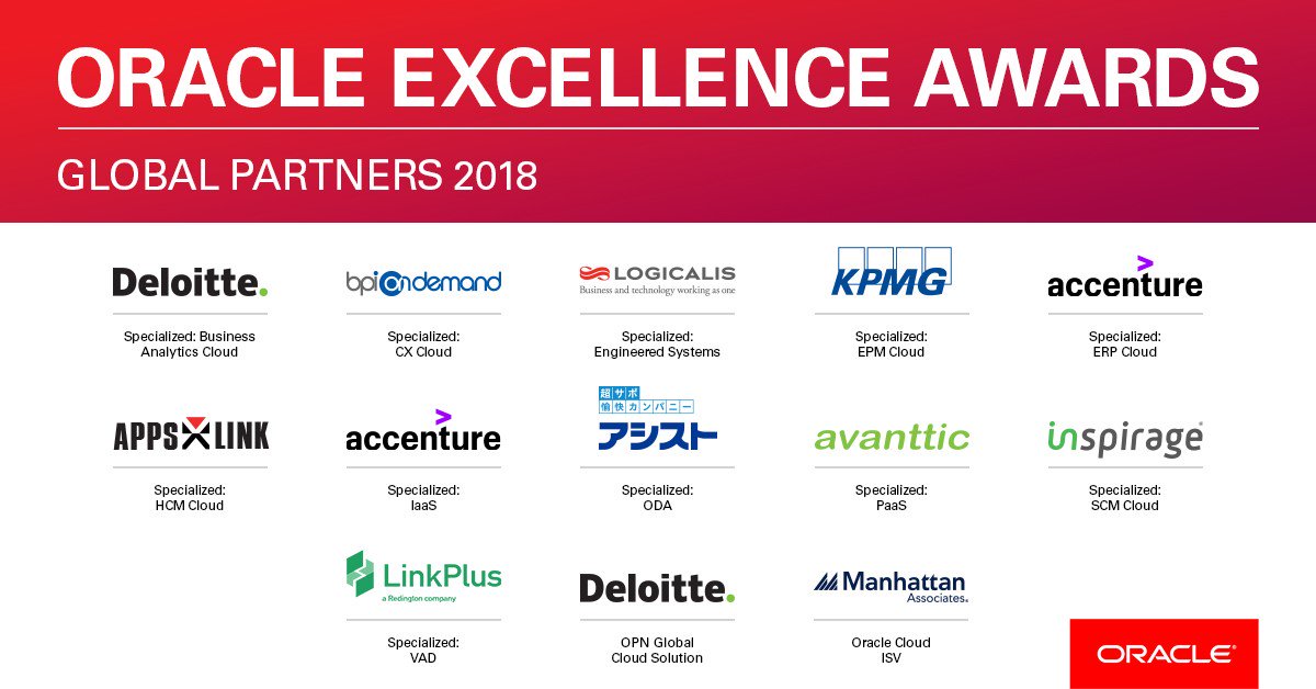 OracleAIWorld's tweet photo. Congratulations to our 2018 Global Oracle Excellence Award-Winning Partners! #oow18 @oraclepartners https://t.co/Jitr3xNKpI