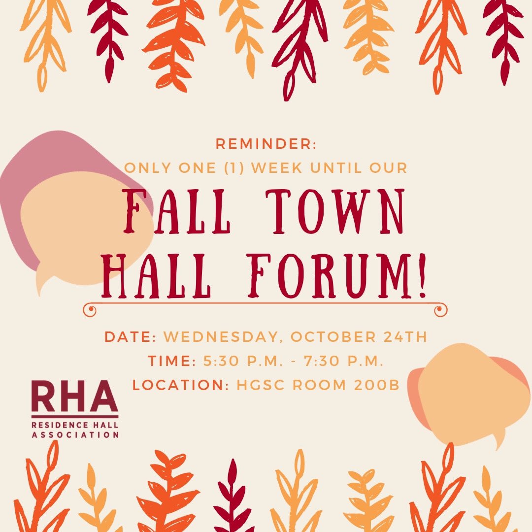 Advocate for yourself &amp; your fellow owls by sharing feedback regarding residential life with a panel of professional staff (IT, maintenance, dining services, etc.).
There will be refreshments, &amp; prizes for the attendees of the residence hall with the most residents in attendance!