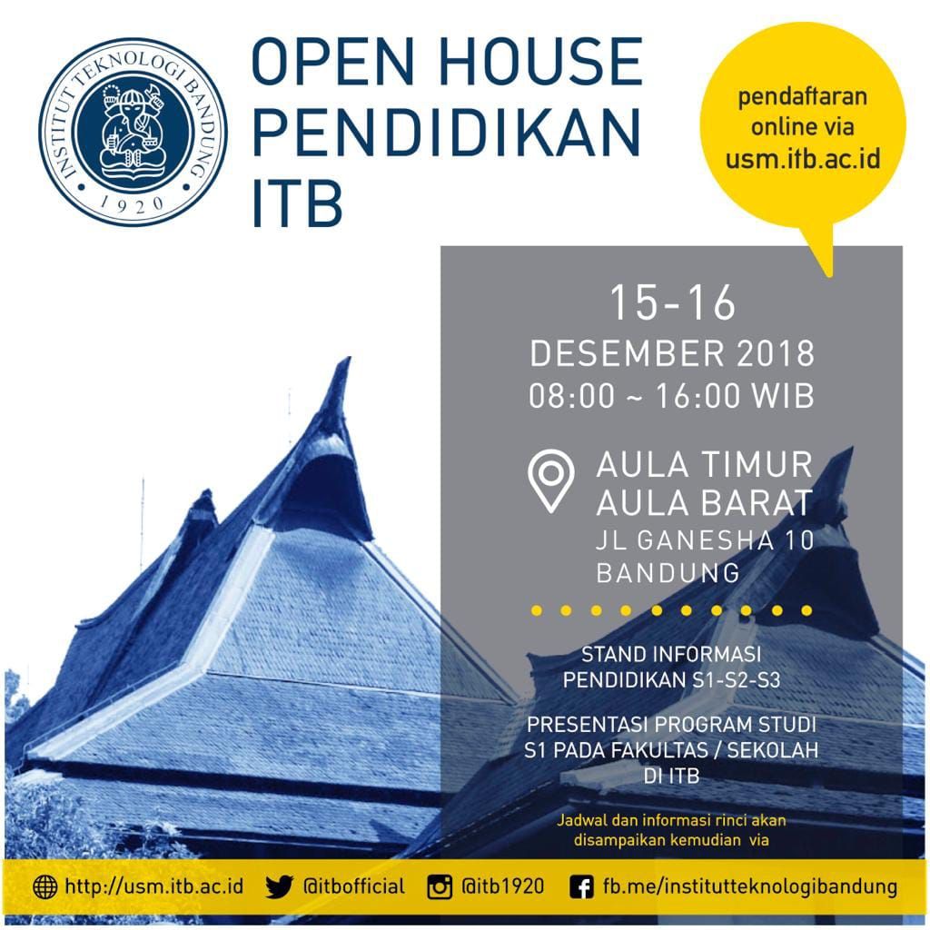 Buat yang pengen masuk ITB!

Open House Pendidikan ITB 2018
Hari Sabtu dan Minggu, 15 dan 16 Desember 2018
Tempat di Aula Barat dan Aula Timur ITB, Jl. Ganesa no. 10 Bandung. 

Terbuka untuk umum dan tidak dipungut biaya.
