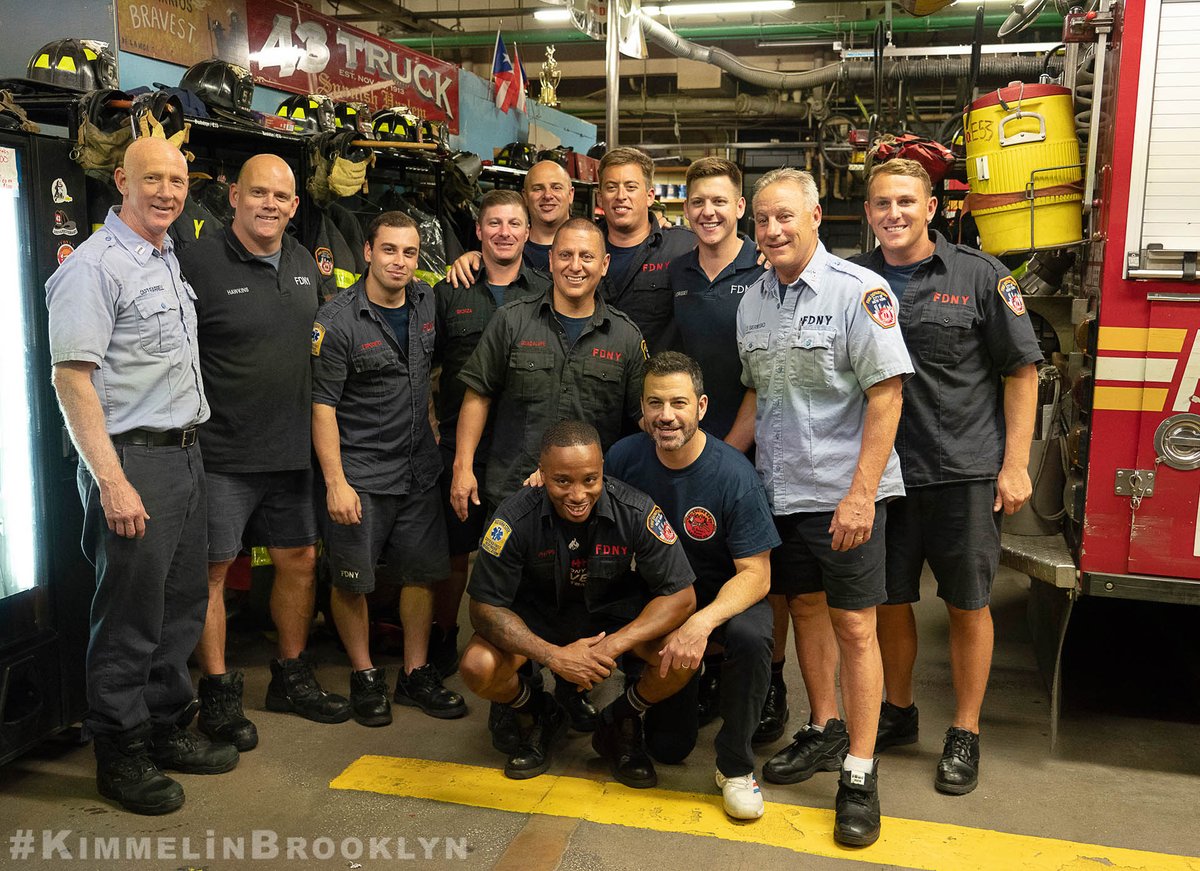 JimmyKimmelLive's tweet photo. Jimmy & @IamGuillermo visit the brave New York City firefighters of #Engine53 and #Ladder43 @FDNY #KimmelinBrooklyn https://t.co/8KcFyBiV1l