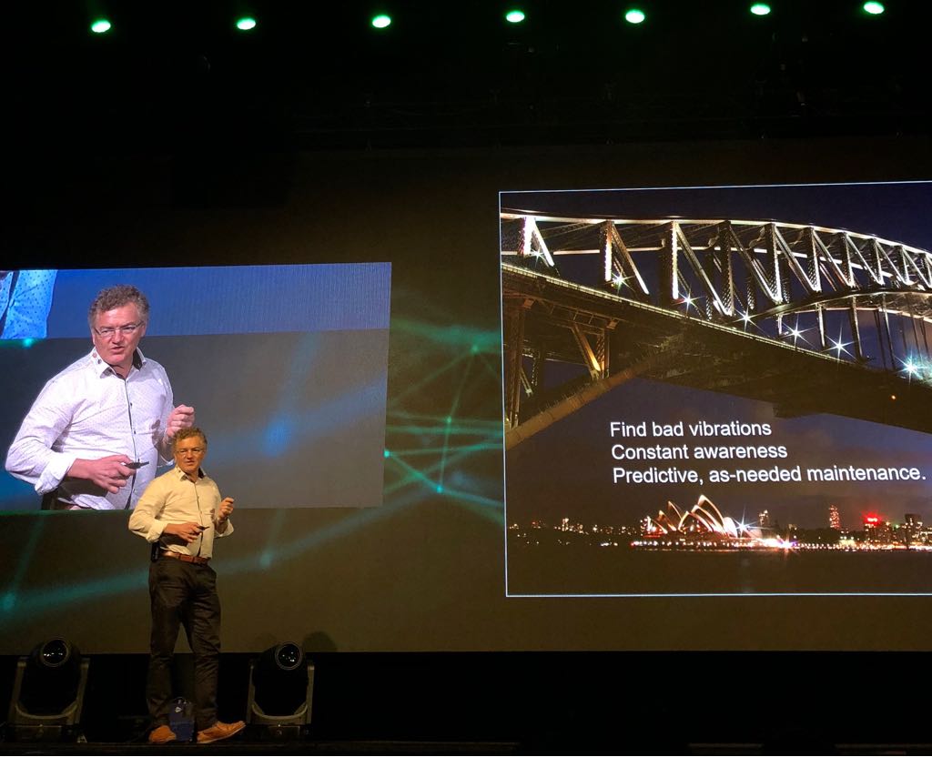 VMwareANZ's tweet photo. Dr Dean Economou, Chief Transport Strategist @telstra is onstage talking about real-life applications of #ML and #AI, using tech to detect the structural integrity of Sydney’s Harbour Bridge and improve predictive, as-needed maintenance #vFORUMAU https://t.co/FNlmIKZUaK