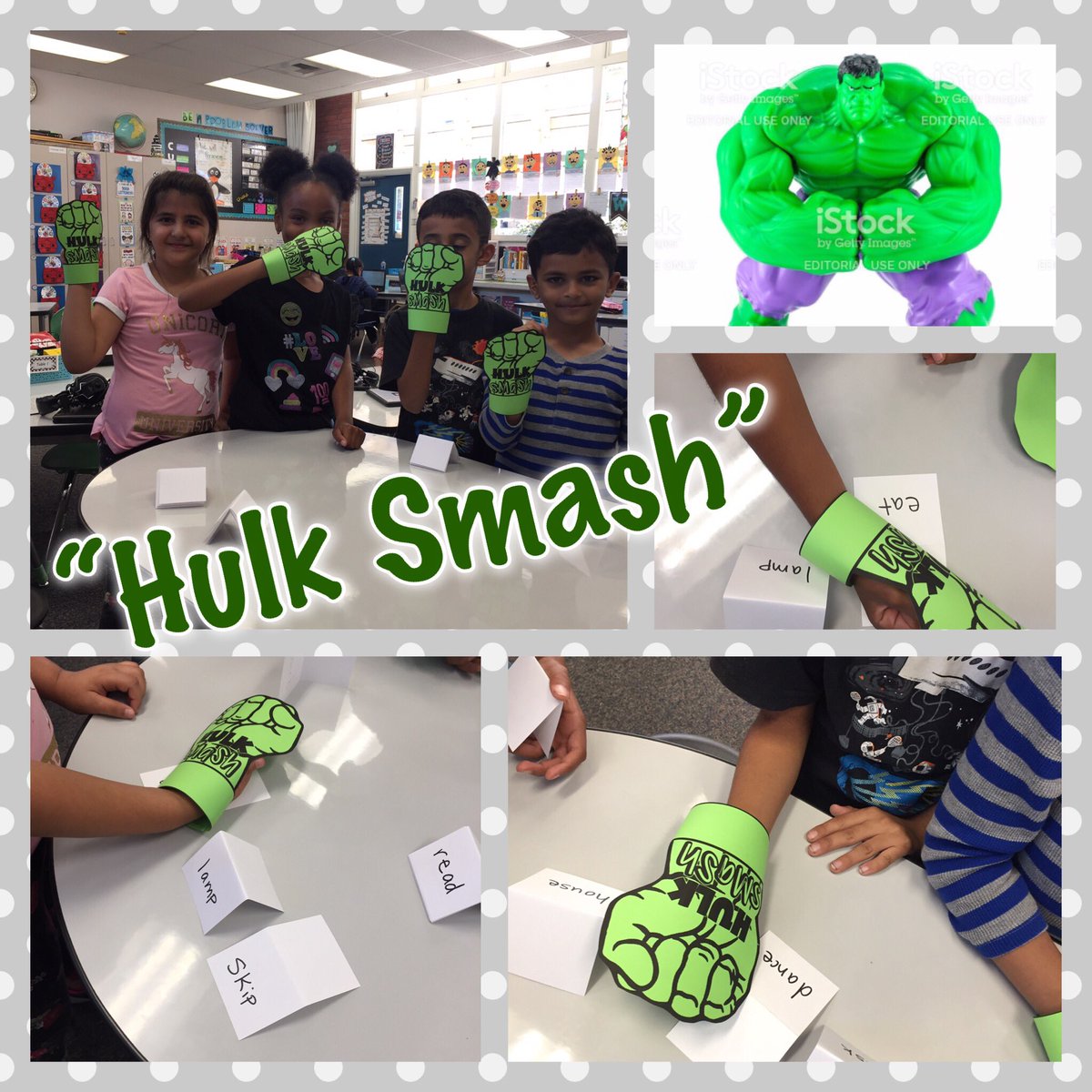 finch_janna's tweet image. We smashed some Verbs today! It was an action packed morning. 😆 Thanks for the Hulk hands, @stepintosecondgrade. #grammarfun #games #hulk #chaseinnovators @ChaseTigers