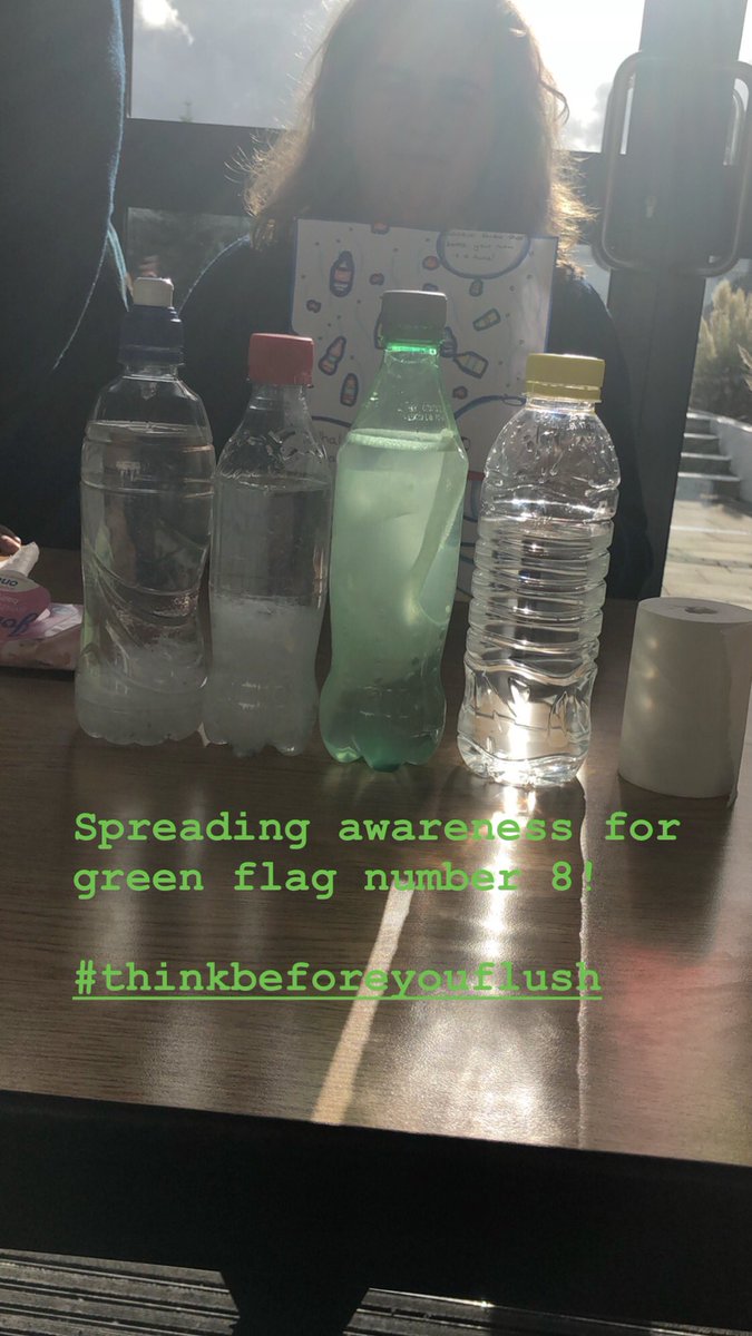 Members of our green schools committee spreading awareness at lunch time today for our #thinkbeforeyouflush campaign for green flag number 8 🐠🐟🐬🐳 #ClimateActionWeek #MarineEnvironment #Leadership