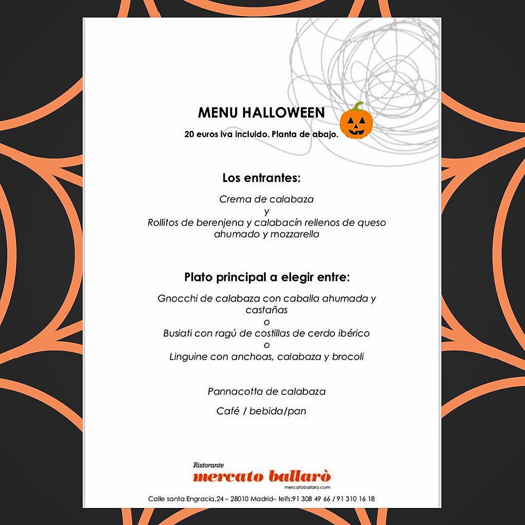 MercatoB's tweet photo. En Mercato nos gusta celebrar!!!
La semana de halloween 🎃🎃🎃 te hemos preparado dos menús muy especiales...
Os esperamos.🎉👻🕸 https://t.co/xtpGECMPNg
