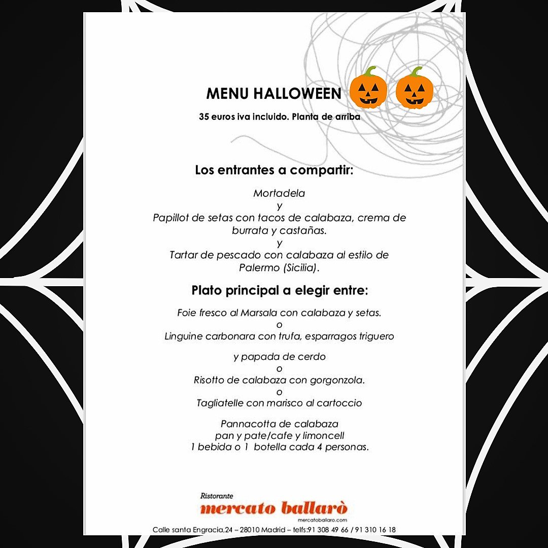 MercatoB's tweet photo. En Mercato nos gusta celebrar!!!
La semana de halloween 🎃🎃🎃 te hemos preparado dos menús muy especiales...
Os esperamos.🎉👻🕸 https://t.co/xtpGECMPNg