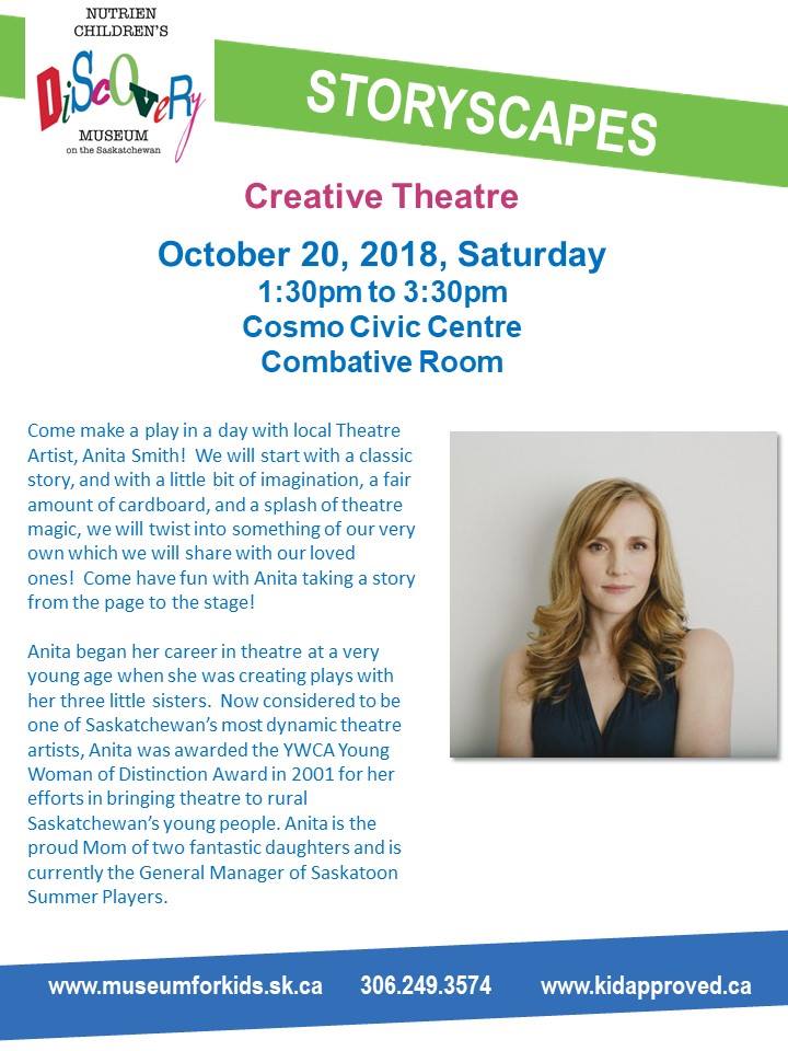 museumforkidssk's tweet photo. Our next Storyscapes session this Sat. Oct. 20, 1:30-3:30 at Cosmo Civic Centre features local theatre artist Anita Smith, GM of @SaskatoonSummer. Kids create a play to perform for loved ones. Participation is free, no registration required. #yxe #theatre #children #families https://t.co/4cTA95mrNI