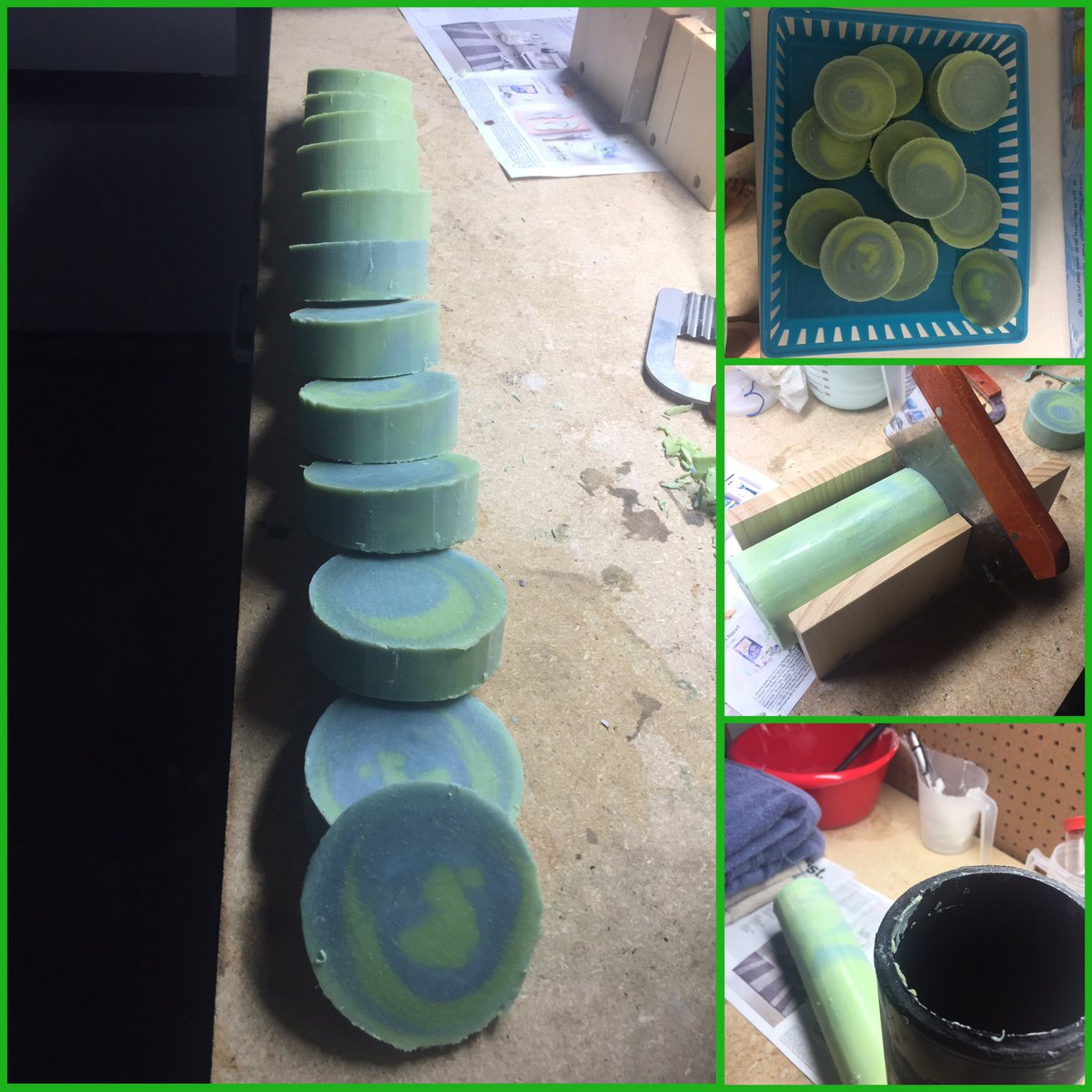 First round batch, blue and green with a Costal Kale fragrance from Counrty Lane.  I'm excited about this one, but I can't wait to make my oval mold! I just need to work on my cuts. I'm having and hard time getting squared up on my cuts so the thickness is more on one side :-/