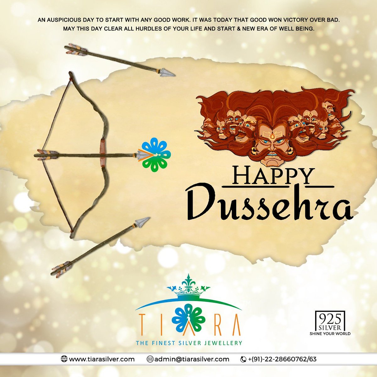 An Auspicious day to Start with any Good Work. It was today that Good Won Victory over Bad.  May this Day clear all Hurdles of your Life and Start a New Era of Well Being..

Wishing you all a very Happy Dusshera..

#TiaraSilver #HappyDussehra #ShineYourWorld #925SilverJewellery