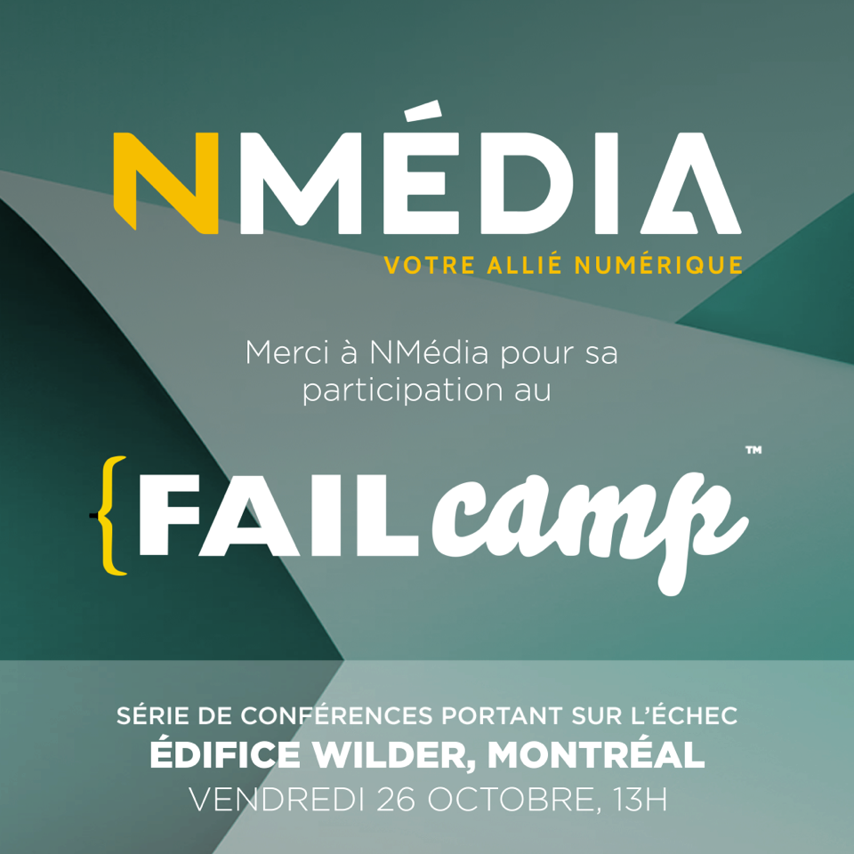 failcamp_'s tweet image. Un énorme merci à @Nmediasolutions pour sa généreuse participation au @failcamp_ ! 🎊🍌 Le 26 octobre, c'est un rendez-vous. Billets par ici:
&amp;gt; eventbrite.ca/e/billets-fail…
#FailCamp #FailAgain #FailBetter