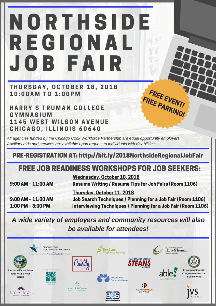 40thWard's tweet photo. Don't miss the Northside Regional Job Fair at Truman College tomorrow. A wide variety of employers will be on hand and community resources will be available. https://t.co/X5CZ4qawik