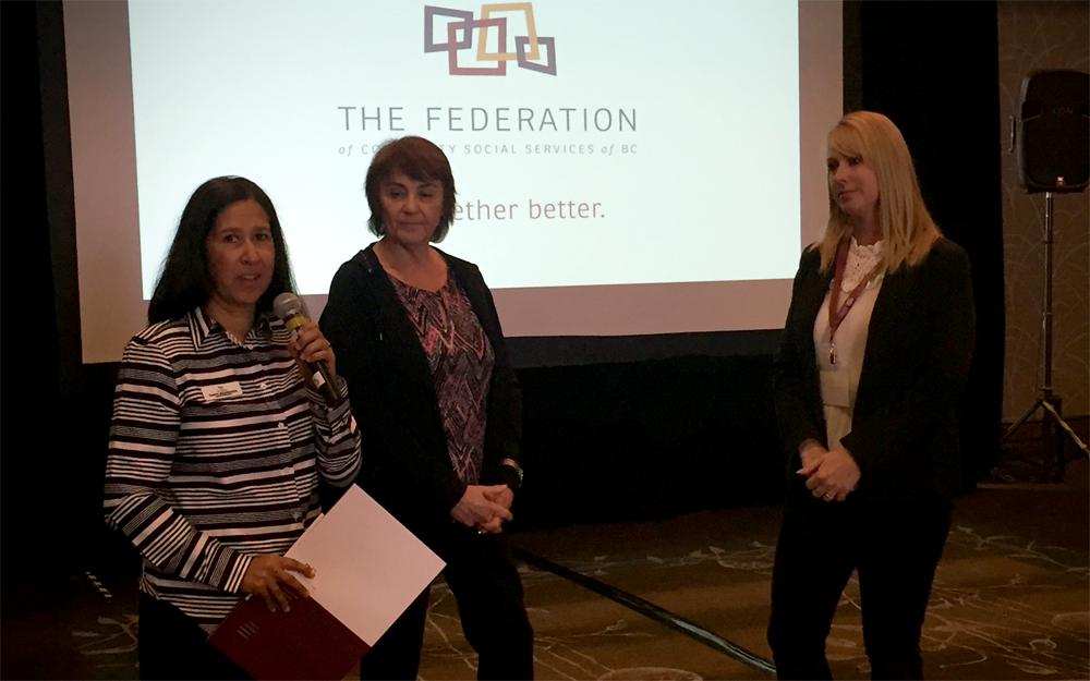 FCSSBC's tweet photo. Federation President Tanya Behardien recognizing Michelle Bell (from Cowichan Valley Youth Services) and Jackie Yurick (from Options Community Services) who shared unique mental health initiatives underway at their organizations. #fcssbc https://t.co/wsy0rcUkXQ https://t.co/1QwpBSkZhd
