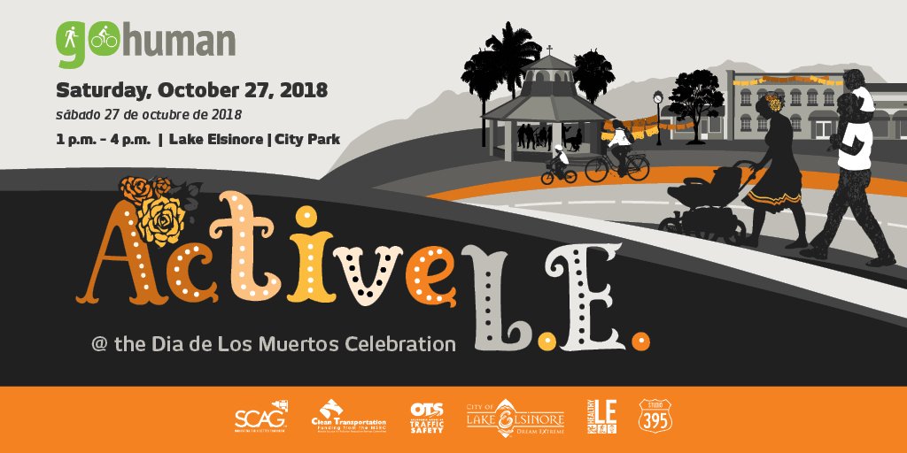 GoHumanSoCal's tweet image. Join #GoHuman and @CtyLakeElsinore at City Park for #ActiveLE on Sat.10/27 (1-4 p.m.) during the Dia de Los Muertos Celebration!💀🎃Enjoy FREE activities: bike rodeo, bike repair &amp;amp; registration, games, music, dancing, chalk art &amp;amp; so much more! 🚲🖍️💃🎸Bit.ly/ActiveLE